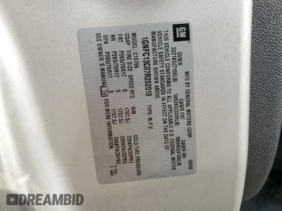 2007 Chevrolet Tahoe LS with VIN 1GNFC13C07R282019, listed as a Copart auction lot 56340515 with Not provided miles and Salvage title. Bid and sale history available at DreamBid. Image 12.
