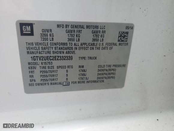 2014 GMC Sierra 1500 SLE with VIN 1GTV2UEC2EZ332339, listed as a Copart auction lot 51734475 with 0 mi miles and Clean Title. Bid and sale history available at carsss.com. Image 12.