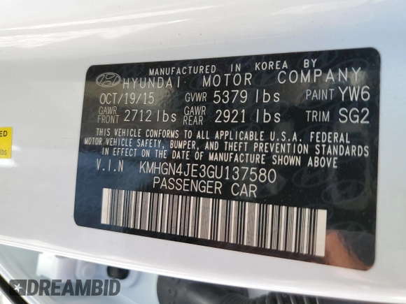 2016 Hyundai Genesis 3.8L with VIN KMHGN4JE3GU137580, listed as a Copart auction lot 70506344 with 75,158 mi miles and Salvage Title. Bid and sale history available at carsss.com. Image 12.