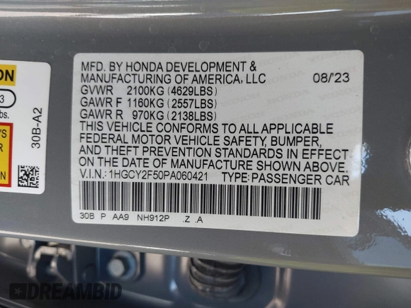2023 Honda Accord Sport with VIN 1HGCY2F50PA060421, listed as a IAAI auction lot 42522977 with 11,224 mi miles and . Bid and sale history available at DreamBid. Image 9.