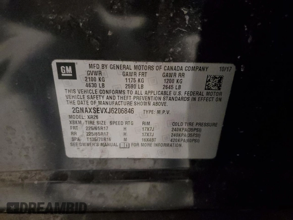 2018 Chevrolet Equinox LT with VIN 2GNAXSEVXJ6206846, listed as a Copart auction lot 46976605 with 76,830 mi miles and Salvage Title. Bid and sale history available at DreamBid. Image 13.