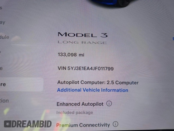2018 Tesla Model 3 Long Range Battery with VIN 5YJ3E1EA4JF011799, listed as a IAAI auction lot 41765860 with 133,098 mi miles. Bid and sale history available at carsss.com. Image 15.