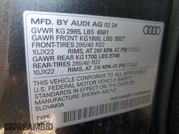 2024 Audi SQ8 Premium Plus with VIN WA1AWBF17RD008918, listed as a Copart auction lot 51642285 with 14,211 mi miles and Salvage Title. Bid and sale history available at DreamBid. Image 13.