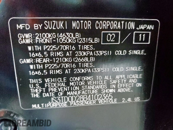 2011 Suzuki Grand Vitara Premium with VIN JS3TD0D28B4102365, listed as a Copart auction lot 60560495 with 176,190 mi miles and Salvage title. Bid and sale history available at DreamBid. Image 14.