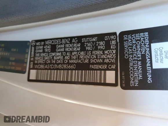 1991 Mercedes-Benz 300 CE с VIN WDBEA51D3MB285660, выставлен на аукционе Copart как лот 49656285 с пробегом 93 772 миль миль и Списание • Salvage title. История ставок и продаж доступна на DreamBid. Изображение 12.