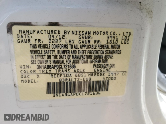2012 Nissan Sentra S with VIN 3N1AB6AP0CL721636, listed as a Copart auction lot 61998545 with 132,361 mi miles and Clean title. Bid and sale history available at DreamBid. Image 12.