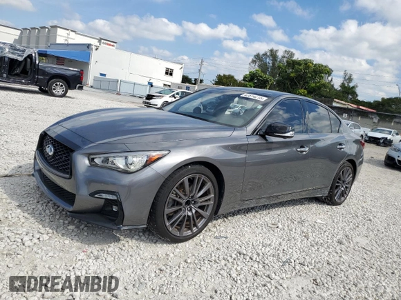 2023 Infiniti Q50 Red Sport 400 with VIN JN1FV7DP8PM570359, listed as a Copart auction lot 42814215 with 8,564 mi miles and Clean Title. Bid and sale history available at DreamBid. Image 1.