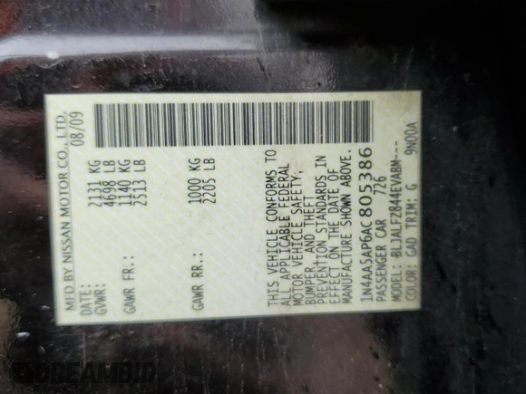 2010 Nissan Maxima SV with VIN 1N4AA5AP6AC805386, listed as a Copart auction lot 58983035 with 210,062 mi miles and Salvage title. Bid and sale history available at DreamBid. Image 12.