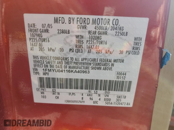 2006 Ford Escape Limited with VIN 1FMYU04116KA40963, listed as a Copart auction lot 61600525 with 208,696 mi miles and Salvage title. Bid and sale history available at DreamBid. Image 14.