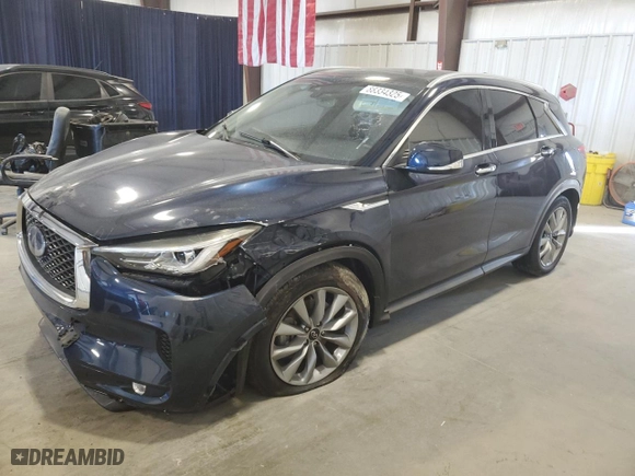 2021 Infiniti QX50 LUXE with VIN 3PCAJ5BAXMF118620, listed as a Copart auction lot 88334325 with 57,377 mi miles and Salvage Title. Bid and sale history available at carsss.com. Image 1.