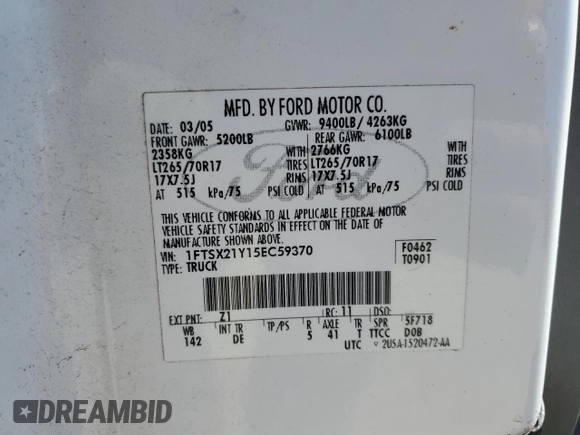 2005 Ford F-250 XL with VIN 1FTSX21Y15EC59370, listed as a Copart auction lot 52620765 with 124,584 mi miles and Salvage Title. Bid and sale history available at DreamBid. Image 15.