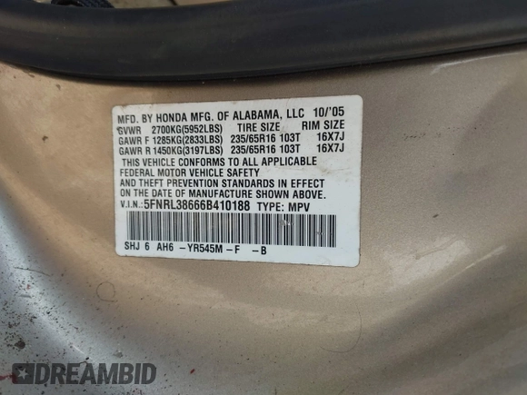 2006 Honda Odyssey EX-L with VIN 5FNRL38666B410188, listed as a IAAI auction lot 42004957 with 156,584 mi miles. Bid and sale history available at carsss.com. Image 9.