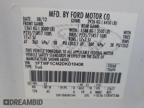 2013 Ford F-150 XL with VIN 1FTMF1CM2DKD10438, listed as a Copart auction lot 42487595 with 217,451 mi miles and Clean Title. Bid and sale history available at carsss.com. Image 12.