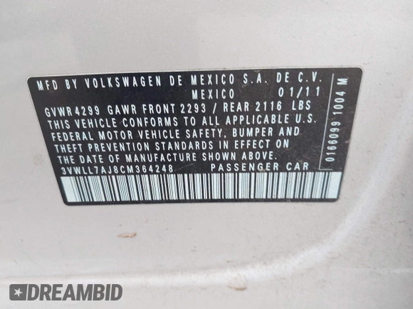 2012 Volkswagen Jetta TDI w/Premium & Nav with VIN 3VWLL7AJ8CM364248, listed as a IAAI auction lot 42292490 with 268,674 mi miles and . Bid and sale history available at DreamBid. Image 9.
