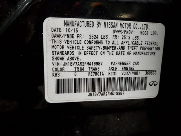 2015 Infiniti Q50 Premium z VIN JN1BV7AR2FM419987, wystawiony jako Copart lot #57813825 z przebiegiem 99 229 mil mil oraz Nie do naprawy. Historia ofert i sprzedaży dostępna na DreamBid. Obrazek 12.