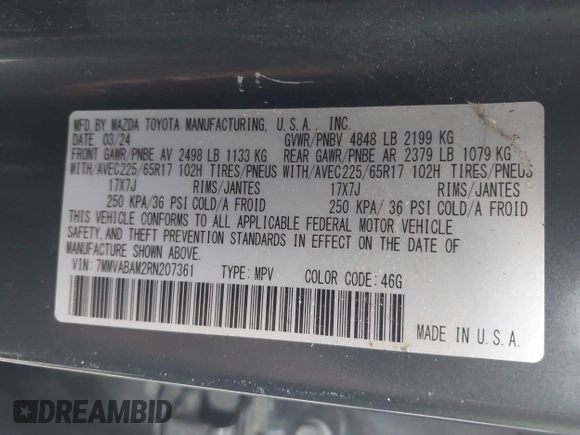 2024 Mazda CX-50 S Select with VIN 7MMVABAM2RN207361, listed as a IAAI auction lot 42290257 with 41,190 mi miles and . Bid and sale history available at DreamBid. Image 9.
