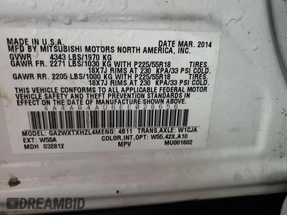 2014 Mitsubishi Outlander SE z VIN 4A4AR4AU6EE026656, wystawiony jako Copart lot #52806745 z przebiegiem 177 933 mil mil oraz Szkoda całkowita • Salvage title. Historia ofert i sprzedaży dostępna na DreamBid. Obrazek 14.