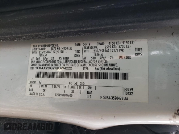2019 Ford Transit Passenger XL with VIN 1FBAX2CG2KKA94222, listed as a Copart auction lot 45321075 with Not Provided miles and Salvage Title. Bid and sale history available at carsss.com. Image 14.