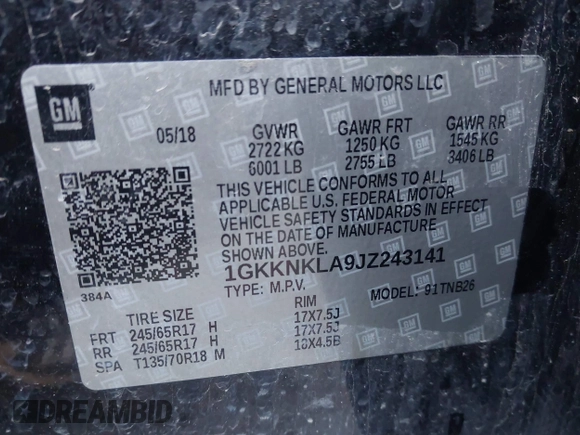 2018 GMC Acadia SLE z VIN 1GKKNKLA9JZ243141, wystawiony jako IAAI lot #41968958 z przebiegiem 142 383 mil mil oraz . Historia ofert i sprzedaży dostępna na DreamBid. Obrazek 9.