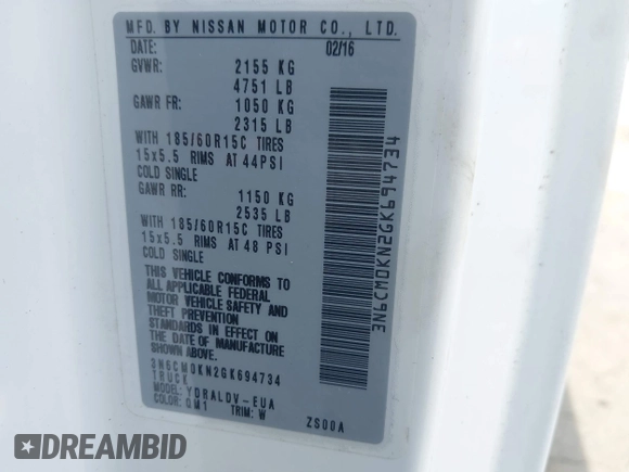 2016 Nissan NV200 S with VIN 3N6CM0KN2GK694734, listed as a IAAI auction lot 42718526 with 158,892 mi miles and . Bid and sale history available at DreamBid. Image 9.