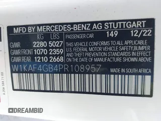 2023 Mercedes-Benz C 300 with VIN W1KAF4GB4PR108957, listed as a IAAI auction lot 41381589 with 23,496 mi miles and . Bid and sale history available at DreamBid. Image 9.