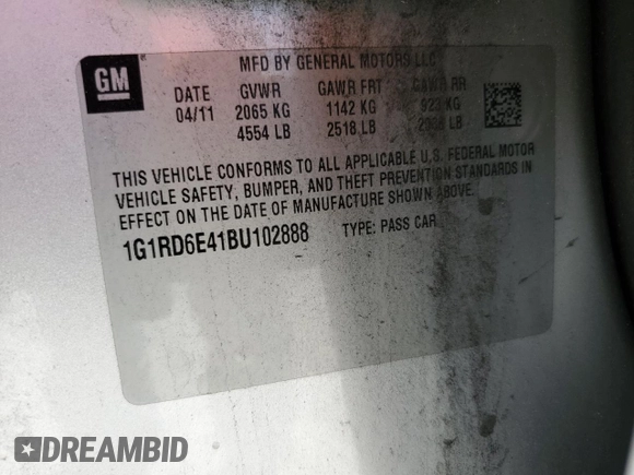 2011 Chevrolet Volt with VIN 1G1RD6E41BU102888, listed as a Copart auction lot 54725235 with 133,343 mi miles and Clean Title. Bid and sale history available at carsss.com. Image 12.