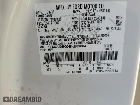 2011 Ford Escape Limited with VIN 1FMCU9EG0BKB89084, listed as a Copart auction lot 87066594 with 112,625 mi miles and Salvage Title. Bid and sale history available at DreamBid. Image 14.