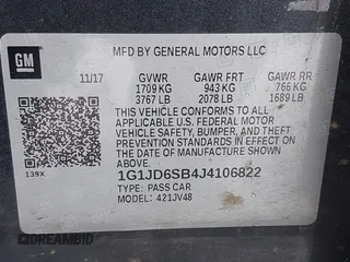 2018 Chevrolet Sonic LT z VIN 1G1JD6SB4J4106822, wystawiony jako IAAI lot #41591103 z przebiegiem 74 497 mil mil oraz . Historia ofert i sprzedaży dostępna na DreamBid. Obrazek 9.