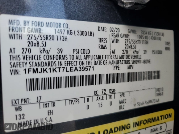 2020 Ford Expedition Max Limited with VIN 1FMJK1KT7LEA39571, listed as a Copart auction lot 65405915 with 223,549 mi miles and Clean title. Bid and sale history available at DreamBid. Image 13.