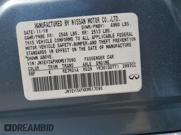 2019 Infiniti Q50 Luxe z VIN JN1EV7APXKM517090, wystawiony jako Copart lot #56740215 z przebiegiem 69 702 mil mil oraz Szkoda całkowita • Salvage title. Historia ofert i sprzedaży dostępna na DreamBid. Obrazek 12.