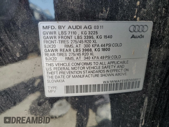 2011 Audi Q7 Prestige with VIN WA1WMAFE6BD008911, listed as a Copart auction lot 63856125 with Not provided miles and Salvage title. Bid and sale history available at DreamBid. Image 14.