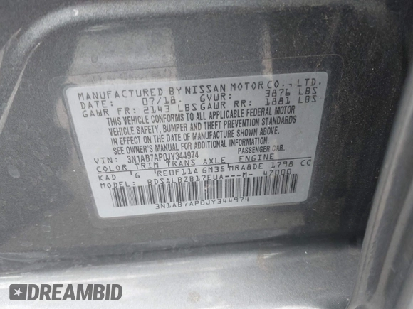 2018 Nissan Sentra S with VIN 3N1AB7AP0JY344974, listed as a IAAI auction lot 42195130 with 31,572 mi miles and . Bid and sale history available at DreamBid. Image 9.