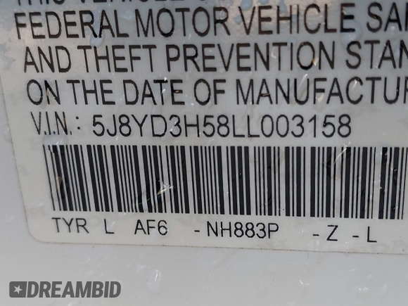 2020 Acura MDX w/Technology Pkg with VIN 5J8YD3H58LL003158, listed as a IAAI auction lot 41532982 with 125,585 mi miles. Bid and sale history available at carsss.com. Image 9.