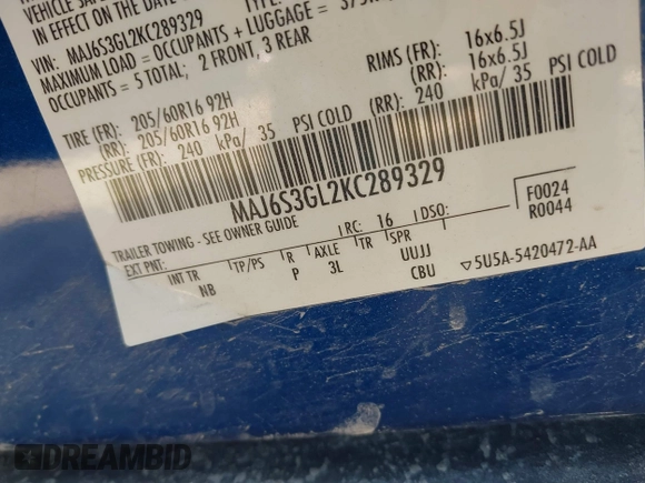 2019 Ford EcoSport SE with VIN MAJ6S3GL2KC289329, listed as a IAAI auction lot 40582909 with 82,156 mi miles and . Bid and sale history available at DreamBid. Image 9.