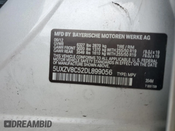 2013 BMW X5 xDrive50i with VIN 5UXZV8C52DL899056, listed as a Copart auction lot 53461625 with 186,598 mi miles and Clean title. Bid and sale history available at DreamBid. Image 12.