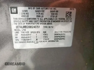2011 GMC Terrain SLE-1 with VIN 2CTALMEC6B6246751, listed as a Copart auction lot 62126635 with 151,256 mi miles and Salvage title. Bid and sale history available at DreamBid. Image 13.