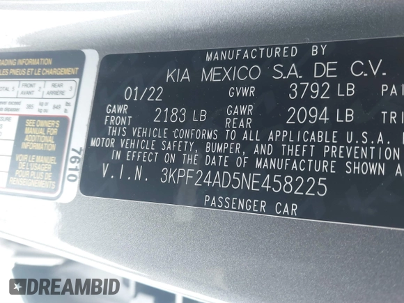 2022 Kia Forte LXS z VIN 3KPF24AD5NE458225, wystawiony jako IAAI lot #41572671 z przebiegiem 24 009 mil mil oraz . Historia ofert i sprzedaży dostępna na DreamBid. Obrazek 9.