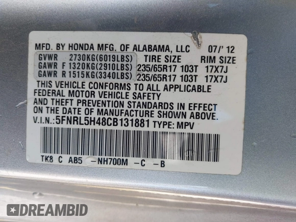 2012 Honda Odyssey EX with VIN 5FNRL5H48CB131881, listed as a IAAI auction lot 41822159 with 354,718 mi miles and . Bid and sale history available at DreamBid. Image 9.