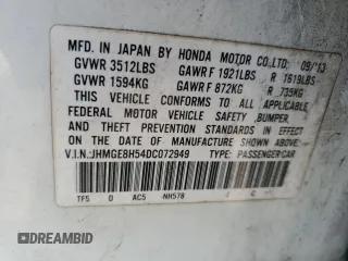 2013 Honda Fit Sport с VIN JHMGE8H54DC072949, выставлен на аукционе Copart как лот 57798645 с пробегом 45 886 миль миль и Списание • Salvage title. История ставок и продаж доступна на DreamBid. Изображение 12.