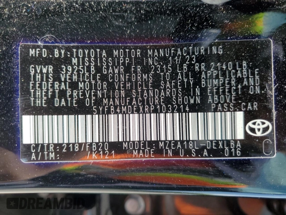 2024 Toyota Corolla LE with VIN 5YFB4MDEXRP103214, listed as a Copart auction lot 58181105 with 23,868 mi miles and Salvage title. Bid and sale history available at DreamBid. Image 12.