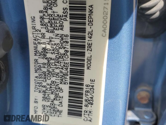 2012 Toyota Corolla L with VIN 5YFBU4EE1CP071016, listed as a Copart auction lot 53506715 with 182,894 mi miles and Salvage Title. Bid and sale history available at carsss.com. Image 12.
