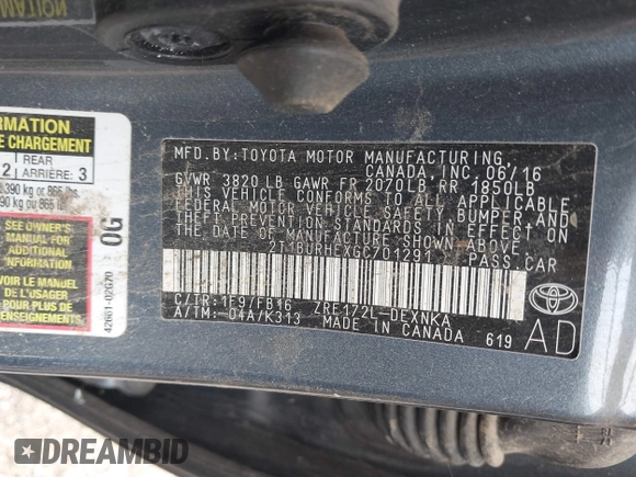 2016 Toyota Corolla L z VIN 2T1BURHEXGC701291, wystawiony jako IAAI lot #40390086 z przebiegiem Nie podano mil oraz . Historia ofert i sprzedaży dostępna na DreamBid. Obrazek 9.