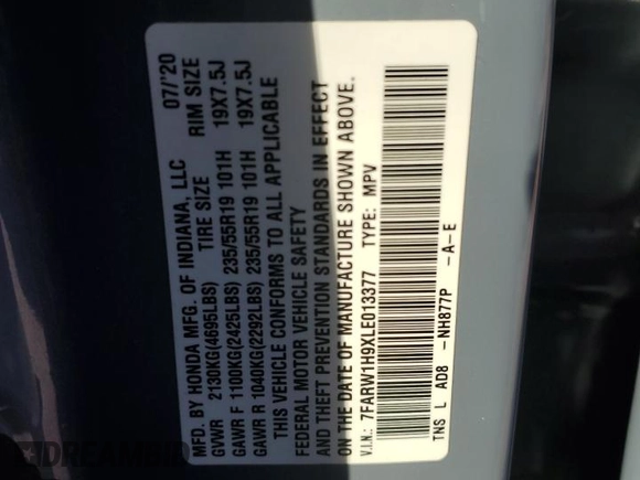 2020 Honda CR-V Touring with VIN 7FARW1H9XLE013377, listed as a Copart auction lot 80741674 with 107,317 mi miles and Salvage Title. Bid and sale history available at carsss.com. Image 13.