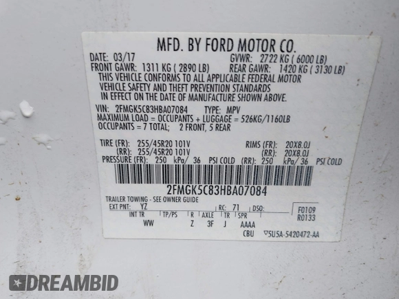 2017 Ford Flex SEL with VIN 2FMGK5C83HBA07084, listed as a IAAI auction lot 41921534 with 103,609 mi miles. Bid and sale history available at carsss.com. Image 9.