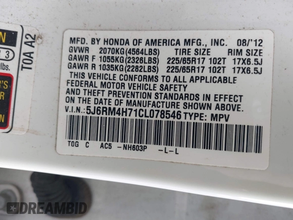 2012 Honda CR-V EX-L with VIN 5J6RM4H71CL078546, listed as a IAAI auction lot 41637472 with 165,377 mi miles. Bid and sale history available at carsss.com. Image 9.