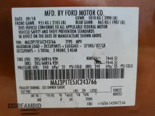 2018 Ford EcoSport SE z VIN MAJ3P1TE5JC243766, wystawiony jako Copart lot #56361845 z przebiegiem 91 964 mil mil oraz Czysty tytuł • Clean title. Historia ofert i sprzedaży dostępna na DreamBid. Obrazek 12.