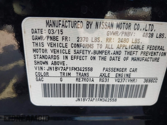 2015 Infiniti Q50 Premium with VIN JN1BV7AP1FM342558, listed as a IAAI auction lot 41975803 with 140,603 mi miles. Bid and sale history available at carsss.com. Image 9.