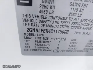 2012 Chevrolet Equinox LTZ with VIN 2GNALFEK4C1176008, listed as a IAAI auction lot 41443482 with 229,575 mi miles. Bid and sale history available at carsss.com. Image 9.