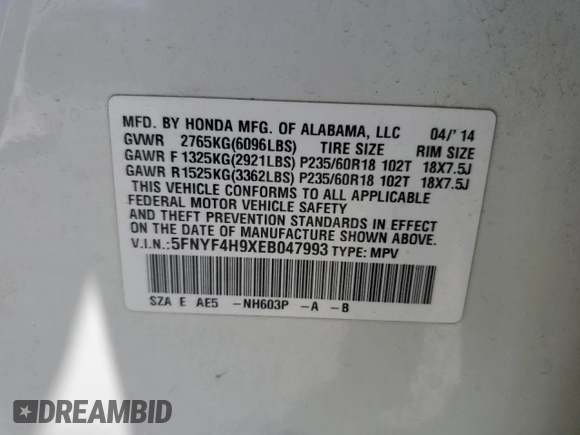 2014 Honda Pilot Touring z VIN 5FNYF4H9XEB047993, wystawiony jako Copart lot #57518705 z przebiegiem 159 809 mil mil oraz Szkoda całkowita • Salvage title. Historia ofert i sprzedaży dostępna na DreamBid. Obrazek 13.