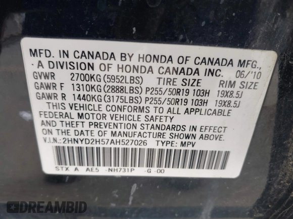 2010 Acura MDX Advance with VIN 2HNYD2H57AH527026, listed as a IAAI auction lot 41986386 with 192,160 mi miles and . Bid and sale history available at DreamBid. Image 9.